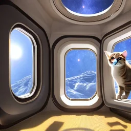 cat inside spaceship looking out of window at astronaut in space, milkyway, hyper-realistic 8k resolution, high-quality, fine-detail, detailed matte, intricate, 3D octane render, illustration, digital art, brian froud, howard lyon, anna dittman, greg rutowski,