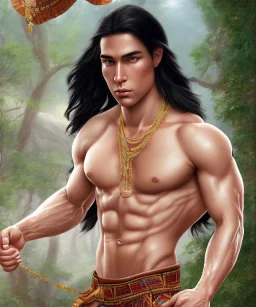 native american warrior, long black hair, big muscles, magic crystal neckless , shirtless