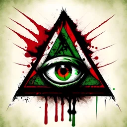 I created a logo of a triangle with a zombie-style eye in the center illustrated in the style of the cover design of Red Dead Redemption 2, illustration with brushes and with green and white colors, not red.