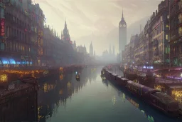 Train Canal River and corner shop greengrocer in colorful Italian street+Gothic city+BioShock+Dishonored+Bloodborne +trieste+Edinburgh+Chicago+victorian London+decòpunk Skyscraper+ +steampunk+biopunk+alphonse mucha, greg rutkowski,matte painting, cryengine, hyper detailed, felix kelly, fantasy art, seb mckinnon