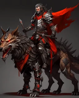 A combination of a dragon and a wolf and a commander riding on it Warrior warrior with leather and metal clothes and robotic metal