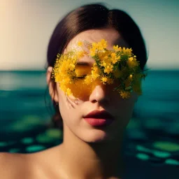 Müge Anlı underwater with yellow flowers for hair, closed eyes, rtx, reflection, 8k, glow, winning photography, caustics