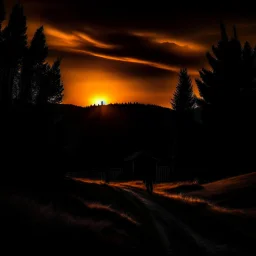 dark night, orange sunset colors in the sky, a lonely cabin in the distance on a mountain in the woods, a lonely dark silhouette walking down the road