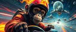 "escape of the test monkey",clumsy ninja reggae monkey with helmet and with ears on fire, b movie poster, etheral astral weird perspective worried yoga vin diesel legend race car racing with huge g force against spaceships going sideways in ramp driver close up portrait of dj magic kobold gremlin farmer pilot looking down on cam, with background in the style of escher and giger, a chill contrapunctus fugue in the style of fsol, beethoven,