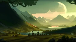 Stylized image of a forest, near a serene lake and mountains in the background at sunrise