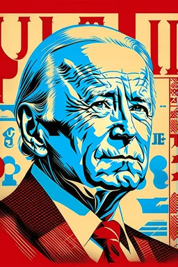 stylized stencil portrait of Joe biden in solid red, beige and (light and dark) blue with the cyrillic charachters for the word "obey" overlaid on the bottom of the image in red