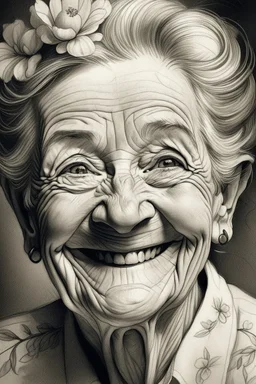 drawing, portrait,Flowers , wrinkles, features, smiling, white, lead, charcoal,drawing with pencil