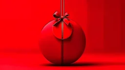 Blank red round sign hanging with red ribbon and bow isolated on dark red background minimal christmas decorations conceptual 3D rendering