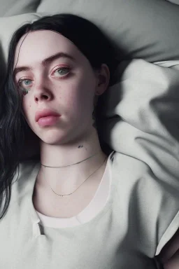 Billie Eilish, on the bed, in my underwear, pale skin, high detail, realistic, 8k, not to be distinguished from a photo