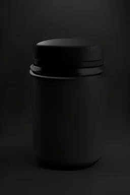 Black protein powder container, lid is not fully closed, screw lid, round container, black studio, black background, dark setting, no labels on the container, very detailed, realism, high quality