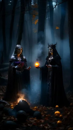 Halloween portrait of merciless medieval countess and her creepy sister, clawed hands, full moon, mist,performing arcane invocation ritual of smoke demon with immense power on luminous stone altar in dark forest grove, down-light, shot on Hasselblad h6d-400c, zeiss prime lens, bokeh like f/0.8, tilt-shift lens 8k, high detail, smooth render, down-light, unreal engine, prize winning