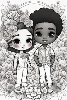 create a outlined coloring page of a chibi black characters of a couple surrounded by flowers. Pay attention to the details of the faces and flowers and the emotions conveyed by the couple. White background, sketch style, half of body, use outline, Mandala style, clean line art, no shadows, no coloring, no shading, no grey.
