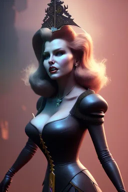 Rita Hayworth as evil queen in black leather, leather, busty, cleavage, angry, stern look. character design by cory loftis, fenghua zhong, ryohei hase, ismail inceoglu and ruan jia. unreal engine 5, artistic lighting, highly detailed, photorealistic, fantasy