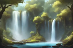 Fantasy Concept Art: majestic fantasy landscape, great forests, cartoonish art style, great waterfall