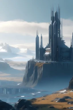 a futuristic castle on top of a mountain overlooking a big city in iceland 2024