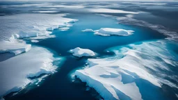 Climate change. An aerial view of the polar ice caps, dramatically melting into the ocean. Large chunks of ice break off and float away, leaving behind deep, dark blue water. In the distance, polar bears struggle to find solid ground. Beautiful award-winning photograph, inspiring, rule of thirds, balanced delightful composition, perfect lighting, superb detail, 16k render