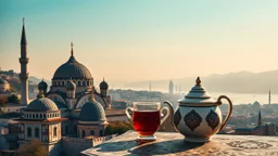 A symbolic image showing Turkey's culture as a bridge between Europe, Asia, and the Orient. Combine old and new: traditional domes, oriental ornaments, and tea with modern skylines and distant landscapes. Warm light, rich colors, harmony between tradition and modernity, no people, no text.