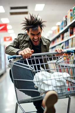 A very angry and bitter punk rocker kicking a shopping cart in a store