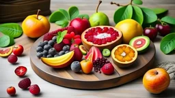 Delicious fruit on round wood chopping board, mango pomegranate raspberries papaya oranges passion fruits berries on off white concrete background, selective focus