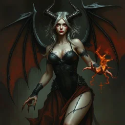 female demon, dark fantasy, realism, stylised, fantasy, mystery
