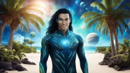 beautiful gorgeous young man na'vi with long hair, Avatar, blue skin, two small ears, green eyes, black hair, in cosmic suit, galactic ambiance, smiling, with spaceship and planets and palm trees and clear crystaline cosmic beach in background