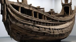 Embarcación_viva — Barco de madera erosionada y carne fosilizada, quilla como mandíbula abierta, ruinas de columnas integradas como costillas, luz interna húmeda, una figura con capa orgánica de tonos oxidados en la proa.