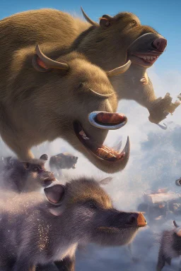 Animation image of warthogs running wild laughing, 8k high quality real life animation