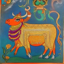 magical cow with hands and wings in Indian painting style