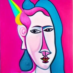 Retrato de una abuela muy guapa llamada Margarita Arnau montando un unicornio rosa con el estilo de Pablo Picasso