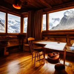 Mountain hut interior, five poeple eating, Austrian aesthetic, oil lamp, wooden floor, night, 8k, HD, cinematography, photorealistic, Cinematic, Color Grading, Ultra-Wide Angle, Depth of Field, hyper-detailed, beautifully color-coded, insane details, intricate details, beautifully color graded, Cinematic, Color Grading, Editorial Photography, Depth of Field, DOF, White Balance, 32k, Super-Resolution, Megapixel, ProPhoto RGB, VR