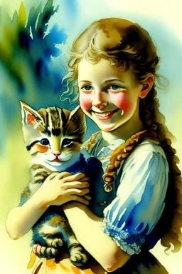 A cute smiling austrian girl is holding a kitten. Watercolour