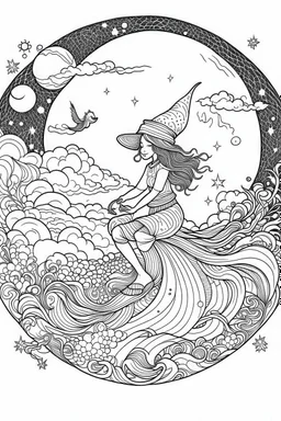 A witch flying on her broomstick across a starry night sky. . Outline, sketch style, only use outline, mandala style, clean line art, white background, no shadows, no clear wall, coloring page.