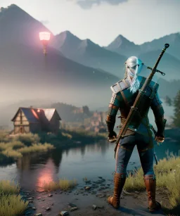 The Witcher, Geralt of rivia toddler, full body, dramatic lighting, Wes Anderson style, hyper realistic, unreal engine 5