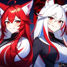 Clear focus, 8k, high quality, detailed, beautiful lighting, fox girl, vibrant colors, white long hair, vibrant red eye, tail, smile, angry, two tone hair,