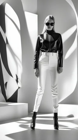 head to feet latex woman walking on a white podium in front view, full white background, long shadow, black and white photo, realistic style, fashion mood