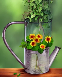 a glass jar watering can filled with plants, highly detailed, digital art, sharp focus, trending on art station, illustration