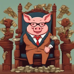 rich pig in suit on a throne making stacks of money by making a deal with a buisnessman. background of musicians