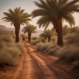 Thorny plants stretch alongside a dirt road with palm and olive trees