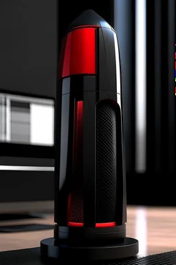 portable speaker, form inspired by avengers tower, architecture form, modern design style and black and red color