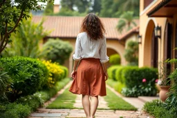 fullbody shot,of beautiful lady walking in a pretty villa garden wearing skirt and blouse , curvy hair,