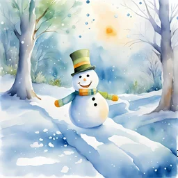 a children's illustration, Frosty, the snowman, oh so sly, Left icy footprints, show happy Elves slipping and sliding with glee, Frosty's prank, a frosty spree. Pleasant and cute, watercolour style.