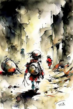 The nightmare small child having a bag pack walks in the streets, at war time , in the street with some soldiers illustration by Stephen Gammell