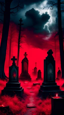 Scary forest with black clouds, a thunderstorm, a mysterious cemetery in the middle of the forest, the graves sparkle with a red glow, there is poisonous red fog all around, candles, an atmosphere of horror.