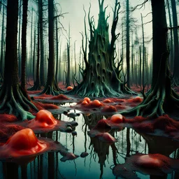 Hyperrealistic photograph, polaroid, irregular swamp, 8k, 3d render, Zdenek Burian, horrific beings, melting horror, tridimensional figures, intricate patterns, forest, sinister scribbles, colors, shot on Hasselblad, Yves Tanguy, 33mm photography