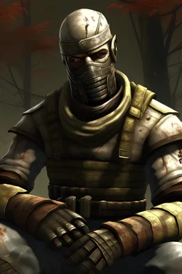 Joshua Graham from fallout New Vegas sitting under a forest tree with his face in his hands
