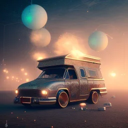 Big caravan, ultra realistic, intricate details, ultra highly detailed, shiny, smooth, studio quality, octane render, Surrealism, Triadic colour scheme,glow-stick, ambient lighting,nightclub lighting, polaroid, 100mm, --ar 1:1 --v4