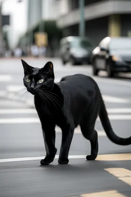 black thin cat crossing street