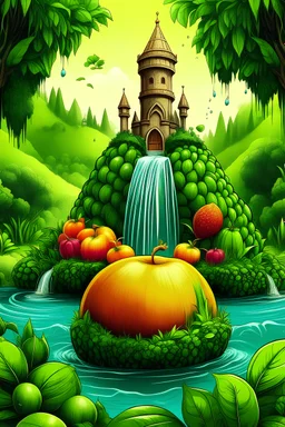 the juice kingdom add bottle juice in the river and create text THE JUICE KINGDOM nature