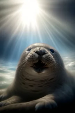 fluffy clouds, portrait of seal soaring like an angel through the clouds with a blessed smile, gates of heaven, 4 k, down light, depth of field, trending art, high detail