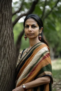 a beautiful 30 year old woman wearing a modern saree, standing near a tree, long face